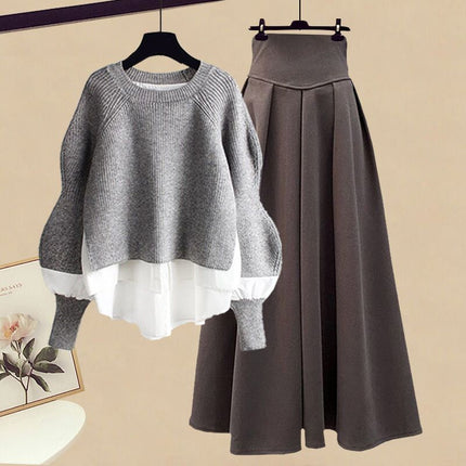 Autumn with a set of 2024 new plus size wear fake two-piece shirt top women's skirt two-piece set