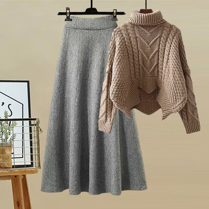 Autumn and Winter suit Women's 2024 New Design Sense High Neck Knitted Sweater Women's Covering Cross Slim Skirt Two-Piece Set