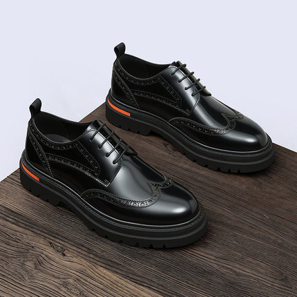 Men's Glossy Leather Shoes, Genuine Leather, 2026 New Model, British Style, Brogue Carved Design, Business Casual, Thick-Soled, Height-Increasing Men's Shoes
