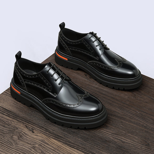 Men's Glossy Leather Shoes, Genuine Leather, 2026 New Model, British Style, Brogue Carved Design, Business Casual, Thick-Soled, Height-Increasing Men's Shoes