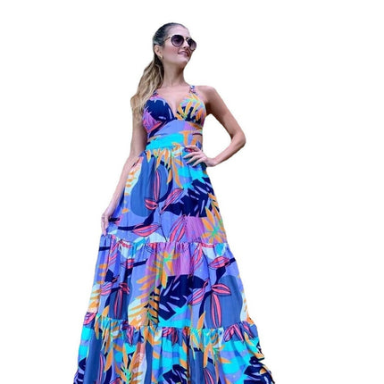 2025 Cross-Border Spring and Summer New European and American Fashion Printed Sexy Dress Suspender Deep V Sleeveless Backless Long Skirt