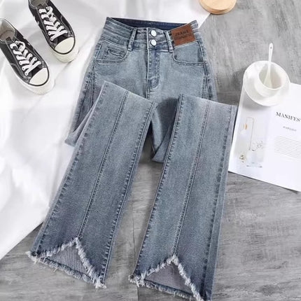 Vintage Blue Micro La Jeans Women's Autumn 2024 Fashionable All-match New High Waist Slimming Fur-edged Horseshoe Pants