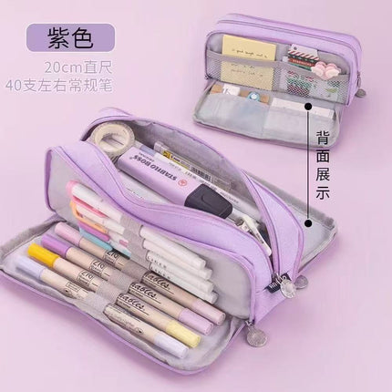 Cross-Border Color-Blocked Retractable Pencil Case, Large-Capacity Stationery Bag, Multifunctional Double-Zipper for Students, Simple and Convertible into Canvas