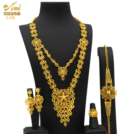 Gold-Plated Pendant Jewelry Set Bridal Wedding Jewelry Sand Gold Long Necklace Bracelet Ring Earrings Cross-Border Best-Selling Model