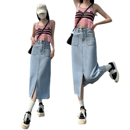 2024 New High-end Denim Skirt Slimming All-match Summer Thin Light Color Soft Denim Front Split Design Skirt
