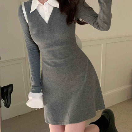 College Style Simple Elegant Gray Fake Two-Piece Knitted Dress for Women Autum Sexy Slim Shirt Hip Skirt