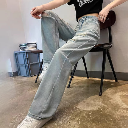 High Waist Ripped Jeans Women's Summer Fashionable All-match Light and Thin American-style Narrow Version Small Slim Look Straight Leg Wide-leg Pants
