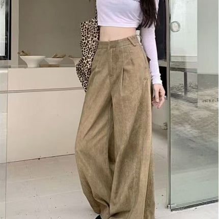 Petite Design American-Style Dark Khaki Retro High-Waisted Women's Wide-Leg Loose Slimming Straight-Leg Floor-Length Jeans
