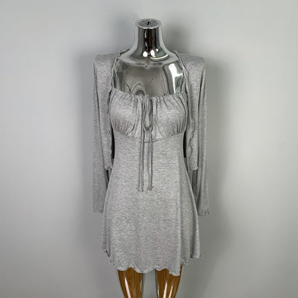 Korean Dongdaemun Gentle and Sexy Little Woman Comfortable Thin Cardigan + Waist-Cinching Figure-Flattering Ruffle Strap Dress