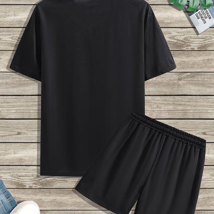 Men's Summer Black Trendy American Street Casual Fashion Smiley Face Printed Short-Sleeved Shorts Suit