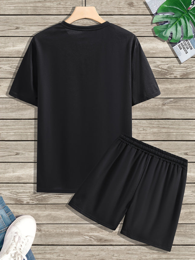 Men's Summer Black Trendy American Street Casual Fashion Smiley Face Printed Short-Sleeved Shorts Suit