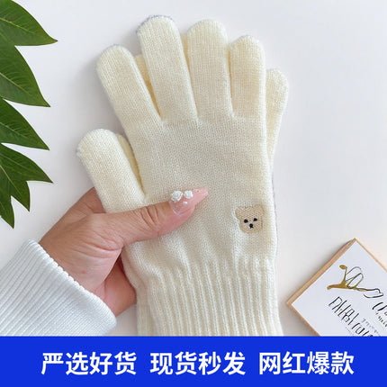 Warm Gloves for Women in Autumn and Winter to Prevent Cold and Keep Students Warm, Cute Bear Wool Knitted Touch Screen Fingers