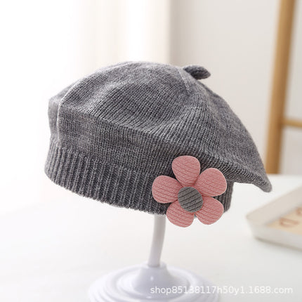 Baby hat autumn and winter baby girls' cute flower beret children's wool hat girls' knitted painter hat fashion