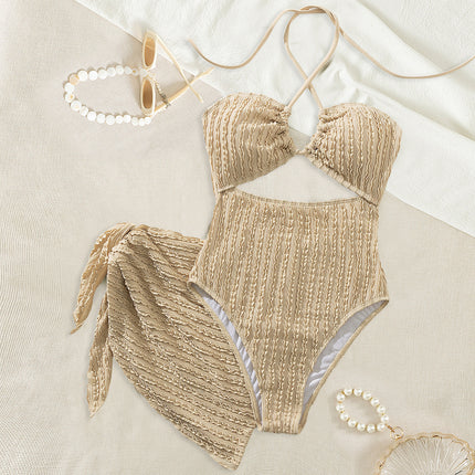 2025 New European and American Swimsuit One-Piece Two-Piece Set Cut Out Tube Top Halterneck Pure Color Cross-Border One-Piece Export Swimsuit