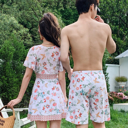 Couple's Matching Set: Women's Two-Piece Skirt-Style Swimsuit with Underwire and Gathering Effect, Conservative Summer Beach Shorts for Men, Suitable for Hot Springs and Vacation