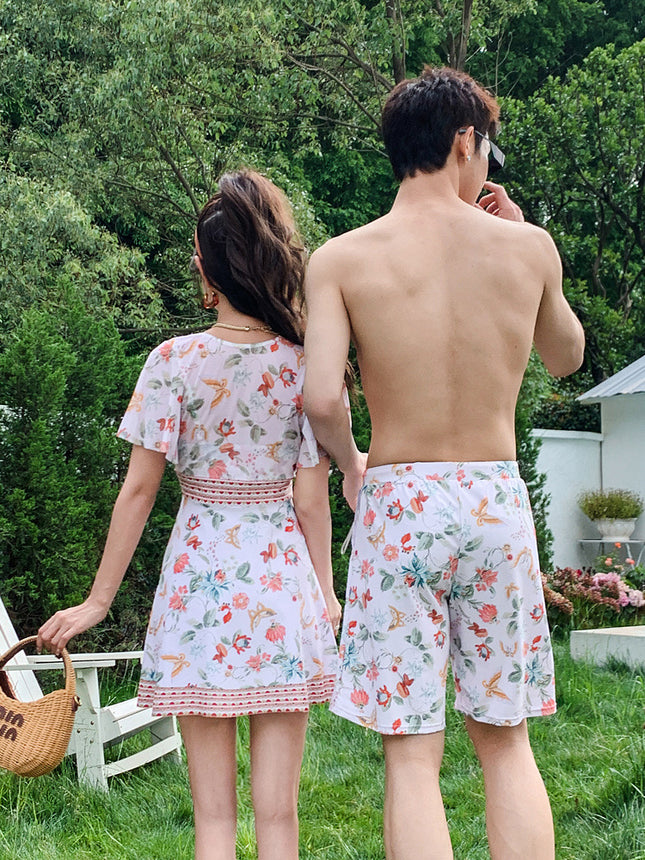 Couple's Matching Set: Women's Two-Piece Skirt-Style Swimsuit with Underwire and Gathering Effect, Conservative Summer Beach Shorts for Men, Suitable for Hot Springs and Vacation