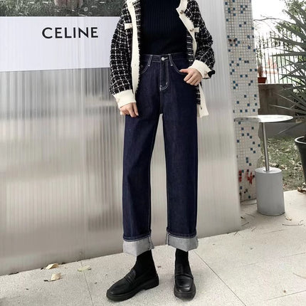 High waist wide leg jeans for women Spring and Autumn 2024 new dark blue loose straight all-match draping mop pants