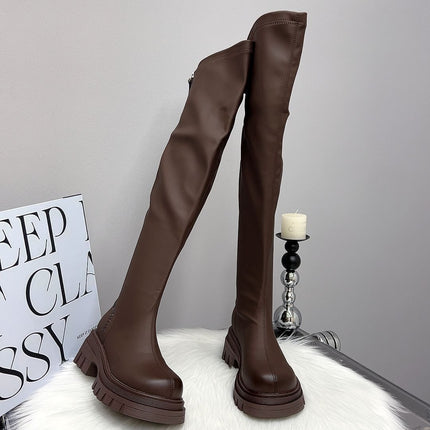 Maillard Over-The-Knee Boots 2025 Autumn and Winter Fleece-Lined Thick-Soled Heightening Boots Women's High Boots Slim Elastic Boots