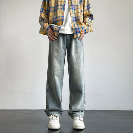 24 Winter New Men's Mop Jeans Solid Color All-match Retro Hong Kong Style Trendy Loose Straight Pants Overalls