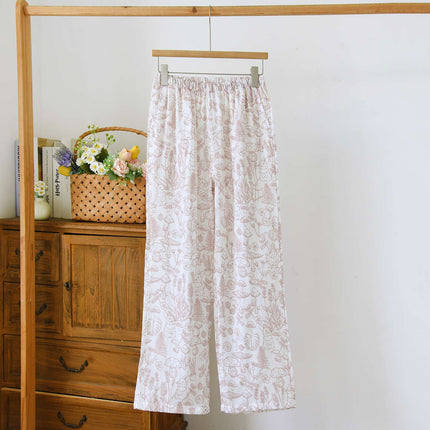 Japanese-Style Simple Cotton Gauze Pajama Pants Spring and Summer Full Cotton Printed Casual Loose Plus-Size Women's Long Home Pants