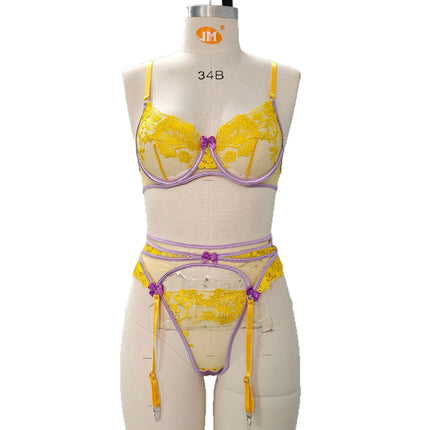 European and American Cross-Border New Products Popular High-Quality Women's Flower Embroidered Bra See-Through Sexy Bow Underwear Set
