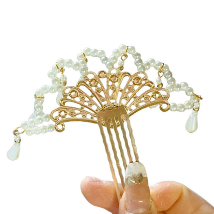 Hollow-out Fan-shaped Hanfu Hairpin Pearl Hair Comb Xiuhe Headdress Comb Antique Hair Accessories Hair Pickles Hair Flower Hair Card
