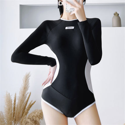 2024 New Sporty Swimsuit Sexy Slim-fit Belly-covered Backless Long-sleeved Conservative Black and White Color-block Swimsuit for Women