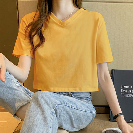 White Short T-Shirt Women's Short-Sleeved V Neck Loose Crop Top Summer New Half-Sleeved Pure Cotton Women's T-Shirt Clothes