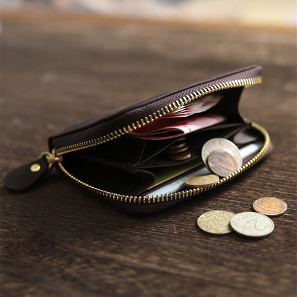 Vintage Crazy Horse Leather Wallet Men's Zipper Multifunctional Genuine Leather Card Holder Youth Top Layer Cowhide Short Student Wallet