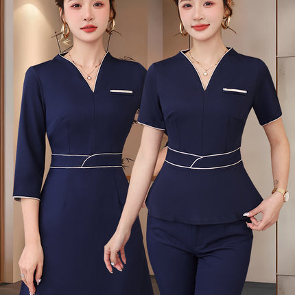 Summer Beauty Salon Short-Sleeved Technician Uniforms for Women, High-End Spa Club Foot Bath and Head Therapy Beautician and Waitress Work Uniforms