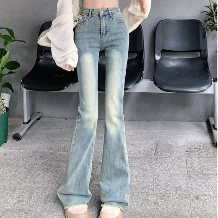 Vintage High Waist Slim Look Jeans Women's Trendy All-match New Autumn Slim-fit Hip Lace Micro Horn Long Pants