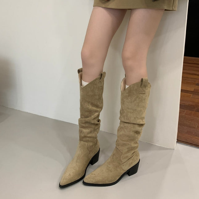 Long Boots, High Boots, Women's Suede 2025 Autum New Boots, Pointed Toe Retro Knight Boots, No More Than Knee Thick Heels and High Heels