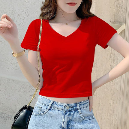 V-neck Black t-shirt Women's Short-sleeved 2024 New Summer Small Slim Short Bottoming Shirt top trendy