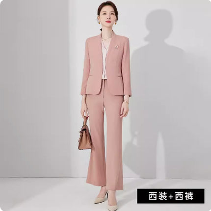 Spring and Autumn New Pink Elegant Goddess Fan Professional Suit Fashion Collarless Broadcasting Host Dress Dress