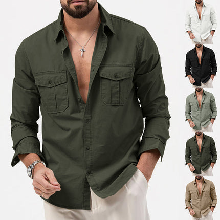 2025 New Men's Shirts Cross-Border Export Aliexpress Independent Station European and American Multi-Flap Pocket Pants Casual Long-Sleeved Tops for Men