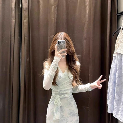 French Green v Neck Floral Mesh Long-sleeved Dress Women's Cardigan Sense Slim Waist Elegant Two-piece Set