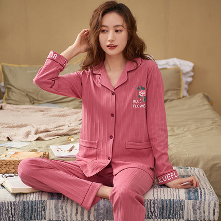 Pure Cotton Pajamas Women's Spring and Autumn Long-sleeved Cardigan Suit for Middle-aged and Elderly Mothers Large Size Outfit Home Clothes for Winter