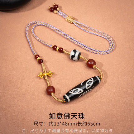 Natural Yellow Nine-Eyed Dzi Bead Necklace, Taiwanese Agate Pendant, Men's and Women's Couple's Braided Necklace, Ready for Sale