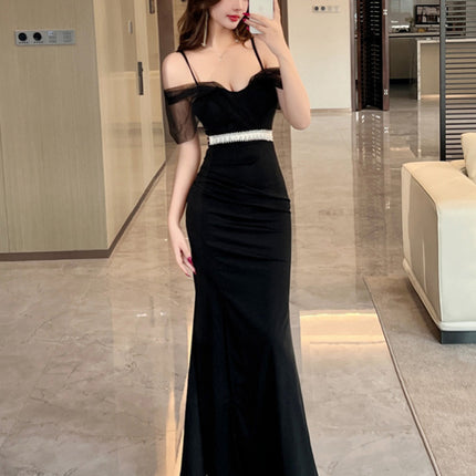 Nightclub Suspender Dress, Banquet Host Car Model Dress, Sexy Long Slit Floor-Length Women's Dress