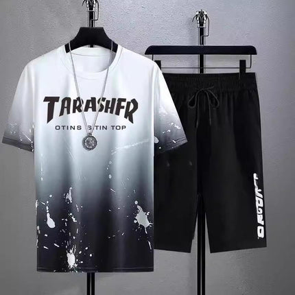 New Quick-drying Ice Silk Gradient suit Men's Short-sleeved T-shirt Summer Casual Shorts Sports Two-piece Handsome Men's Wear