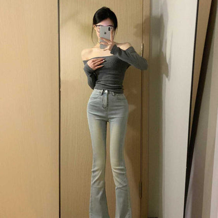 light blue Stretch High Micro-flared Jeans Women's Spring and Autumn New High Waist Loose Slim-fit All-match Trendy Trendy Mop Pants