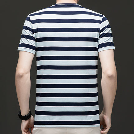Mingdi Mouse Men's Summer New Business Striped plus size Men's T-shirt Short-sleeved Casual Young and Middle-aged Crewneck T-shirt