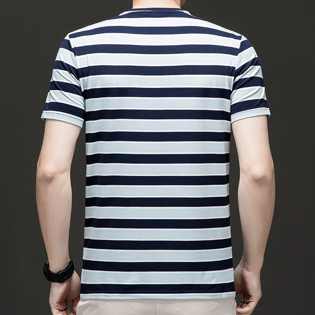 Mingdi Mouse Men's Summer New Business Striped plus size Men's T-shirt Short-sleeved Casual Young and Middle-aged Crewneck T-shirt