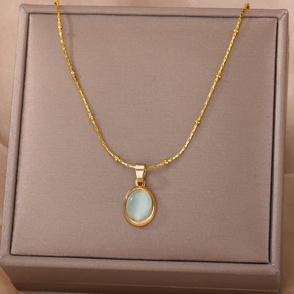 Simple Niche Entry Luxury Oval Titanium Steel Necklace Cat's Eye Pendant Clavicle Chain Elegant Design High-grade Jewelry