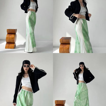 2025 Summer New Italian New Chinese Long Dress to Ankle Design Niche Green Printed Dape Skirt
