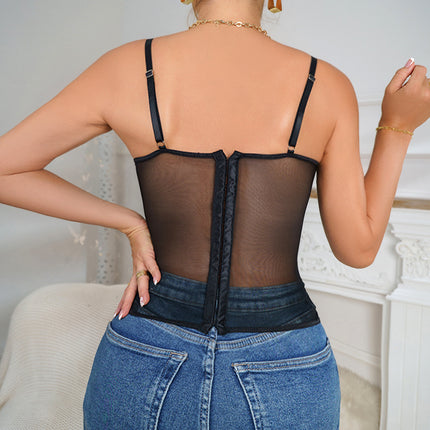 Sexy Sheer Lace Camisole Cross-Border Women's Clothing with Fishbone Corset and Buttoned Straps, New Summer Style