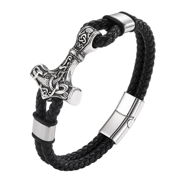 European and American Cross-border Hot Sale Thor's Hammer Woven Viking Jewelry Cowhide Rope Bracelet Stainless Steel Magnetic Buckle Bracelet