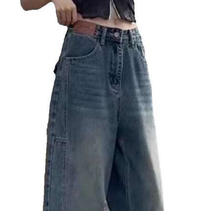 Blue Retro Straight-Leg Jeans for Women, Spring New Style, Petite, Floor-Length, Plus-Size, Loose, Scimitar Wide-Leg Pants