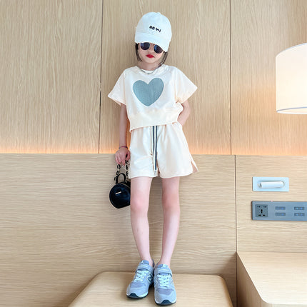 Girls' Love Short-sleeved Shorts Set 2024 Summer New Korean-style Loose Casual Large Children's Two-piece Set
