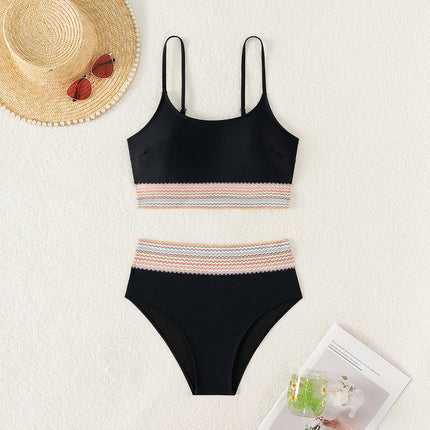 2025 New European and American Bikini Amazon U-neck Ribbon High Waist Sexy Bikini Split Swimsuit for Women
